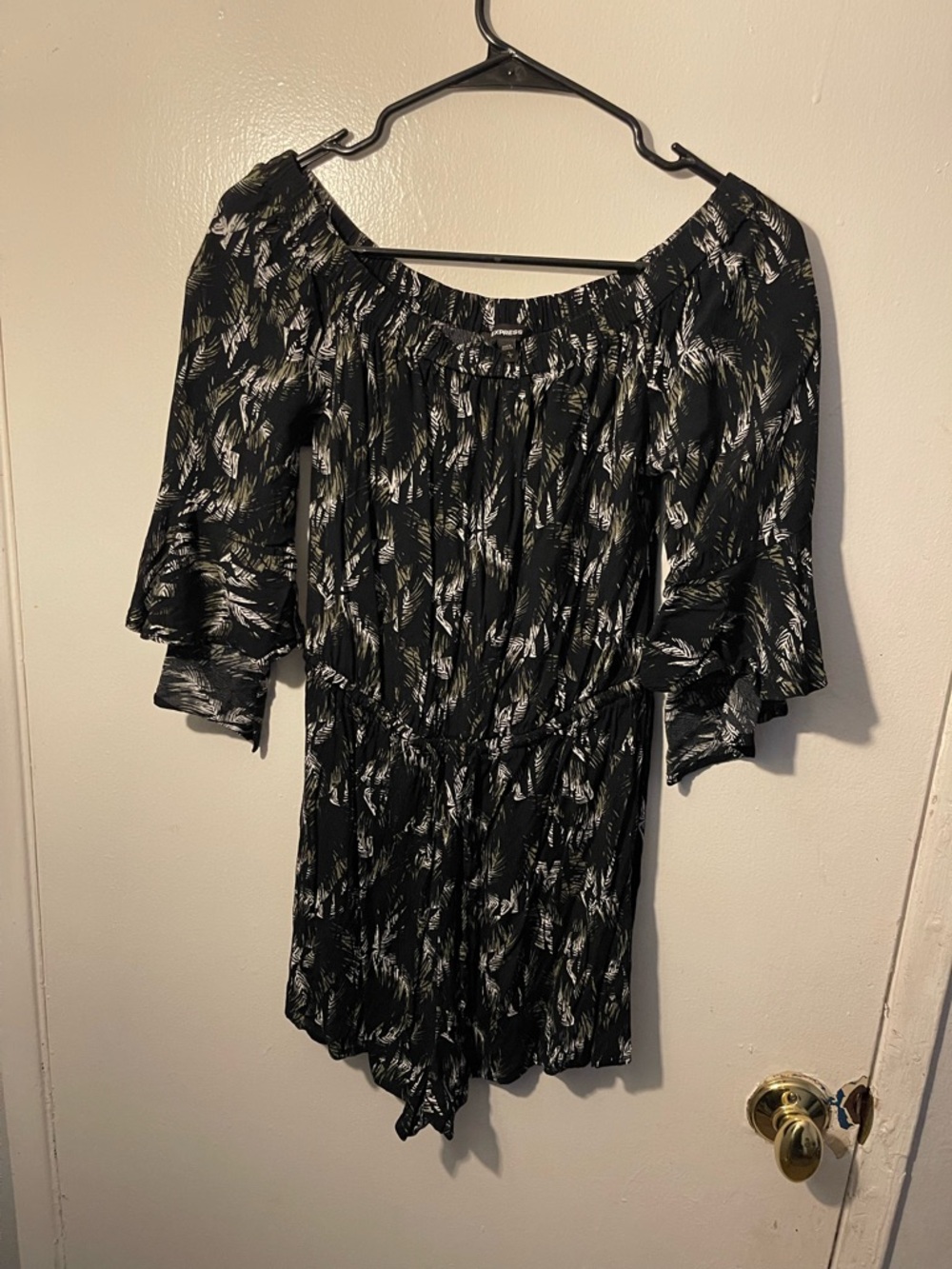 Express : Black and White Printed Off-Shoulder Tunic